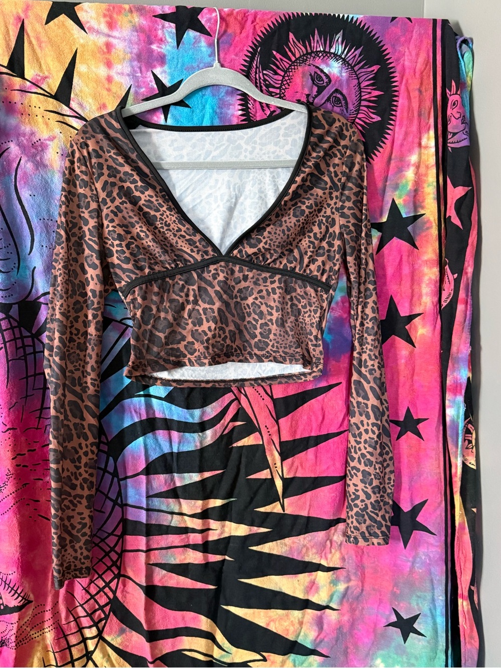 SHEIN Brown Leopard Print V-Neck Long Sleeve Crop Top